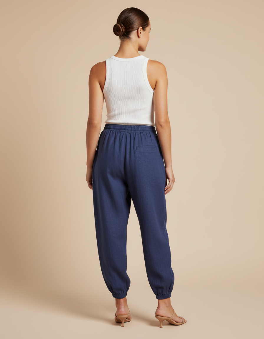 Pantalon Baggy Bleu Marine Lin Ample Confortable Femme - vue 2