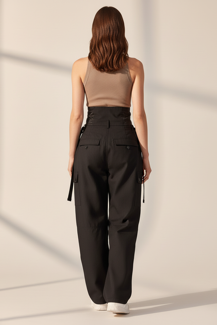 Pantalon Baggy Noir Cargo Taille Haute Ajustable Femme - Gabardine - vue 2