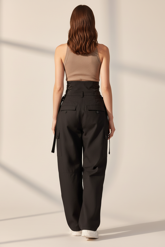 Pantalon Baggy Noir Cargo Taille Haute Ajustable Femme - Gabardine - vue 2