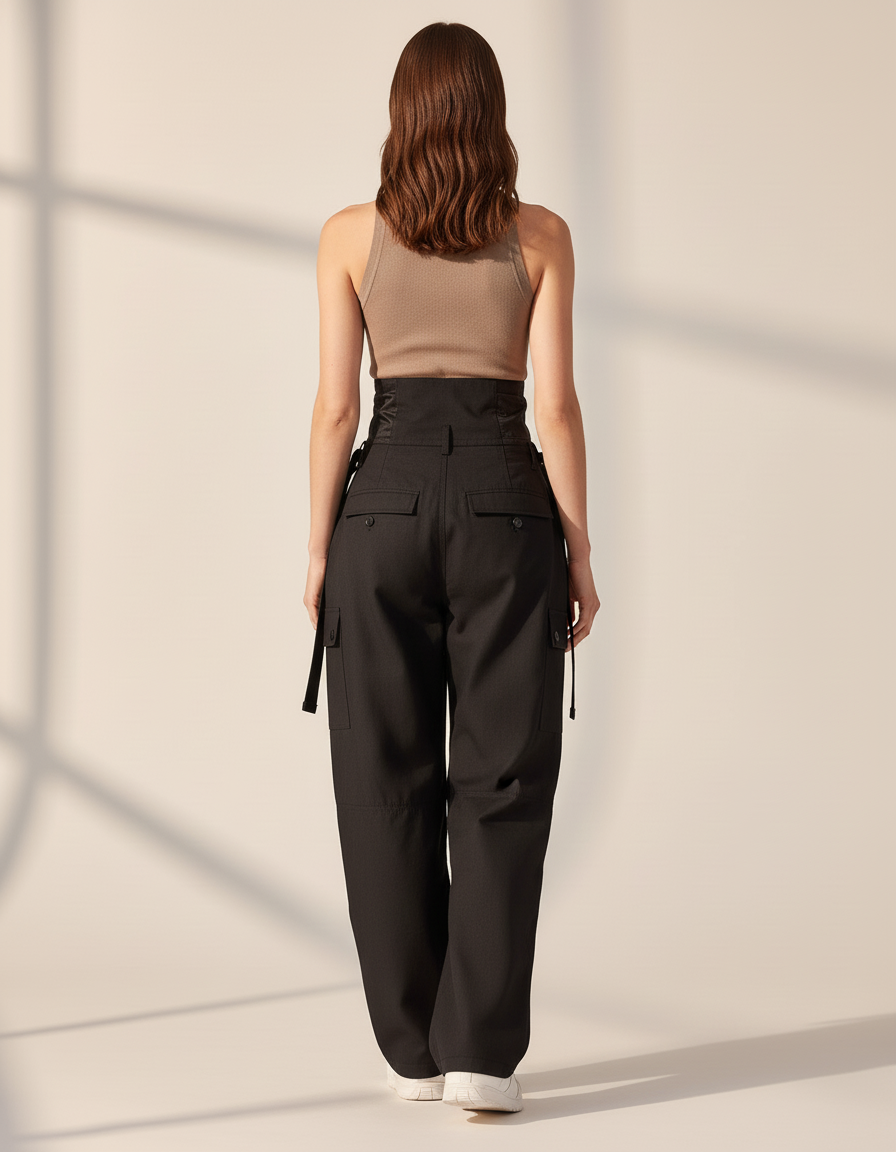 Pantalon Baggy Noir Cargo Taille Haute Ajustable Femme - Gabardine - vue 2