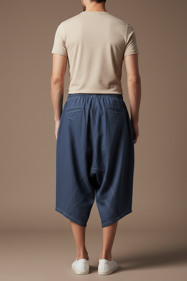 Pantalon Baggy Bleu Lin Ample Décontracté Homme Cordon - vue 2