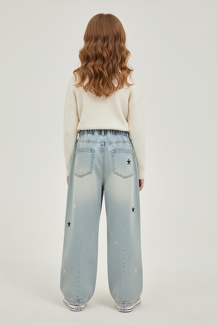 Pantalon Baggy Denim Étoiles Ample Fille - Bleu Jean - vue 2