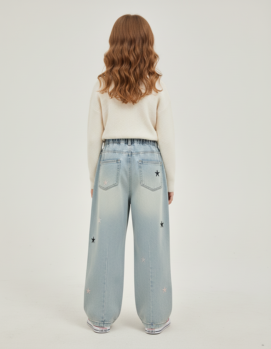 Pantalon Baggy Denim Étoiles Ample Fille - Bleu Jean - vue 2