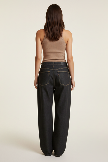 Pantalon Baggy Noir Denim Large Imprimé Statue Brodé - Jean - vue 2