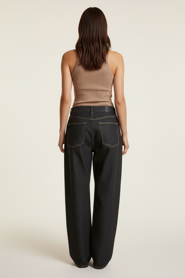 Pantalon Baggy Noir Denim Large Imprimé Statue Brodé - Jean - vue 2