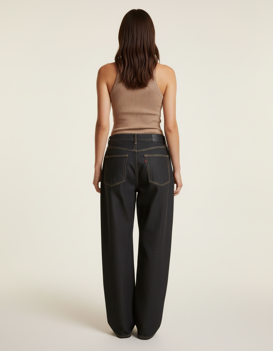 Pantalon Baggy Noir Denim Large Imprimé Statue Brodé - Jean - vue 2