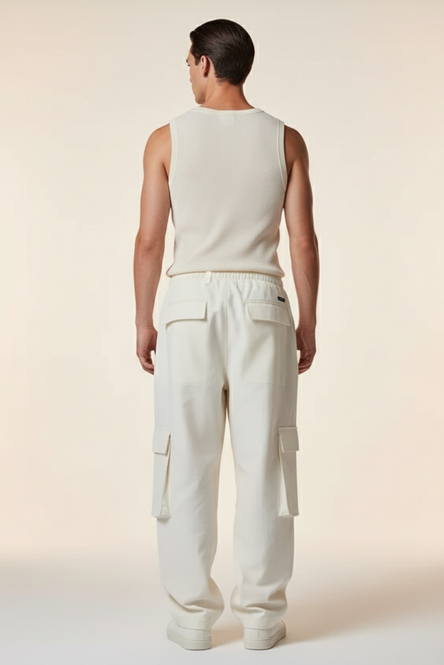 Pantalon Baggy Cargo Ample Blanc Cassé Coton Homme - vue 2