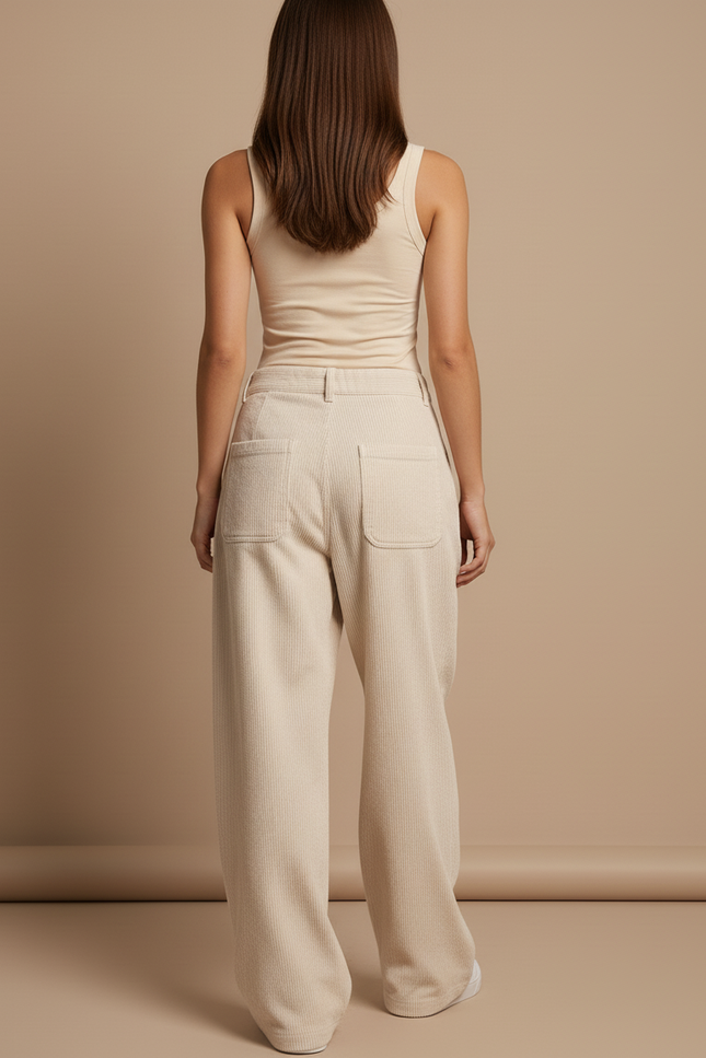 Pantalon Baggy Côtelé Beige Ample Décontracté Plissé - Cordé - vue 2