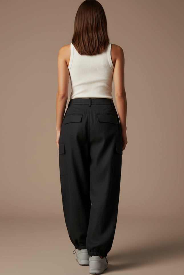 Pantalon Baggy Noir Ample Cargo Femme Cordon - Toile - vue 2