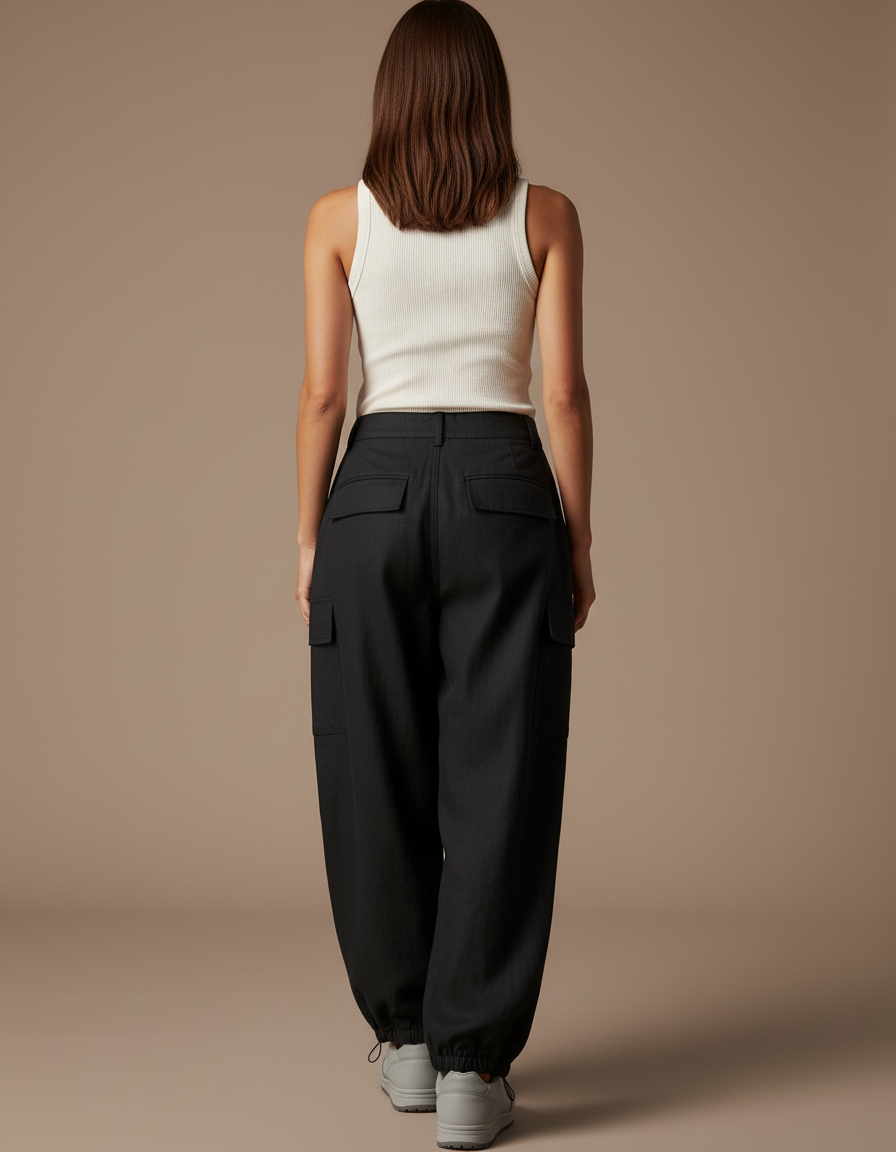 Pantalon Baggy Noir Ample Cargo Femme Cordon - Toile - vue 2