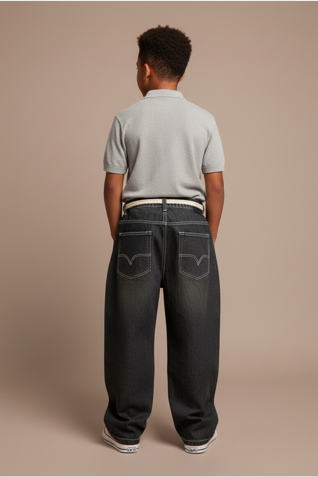 Pantalon Baggy Jean Gris Ample Cordon Tressé - vue 2