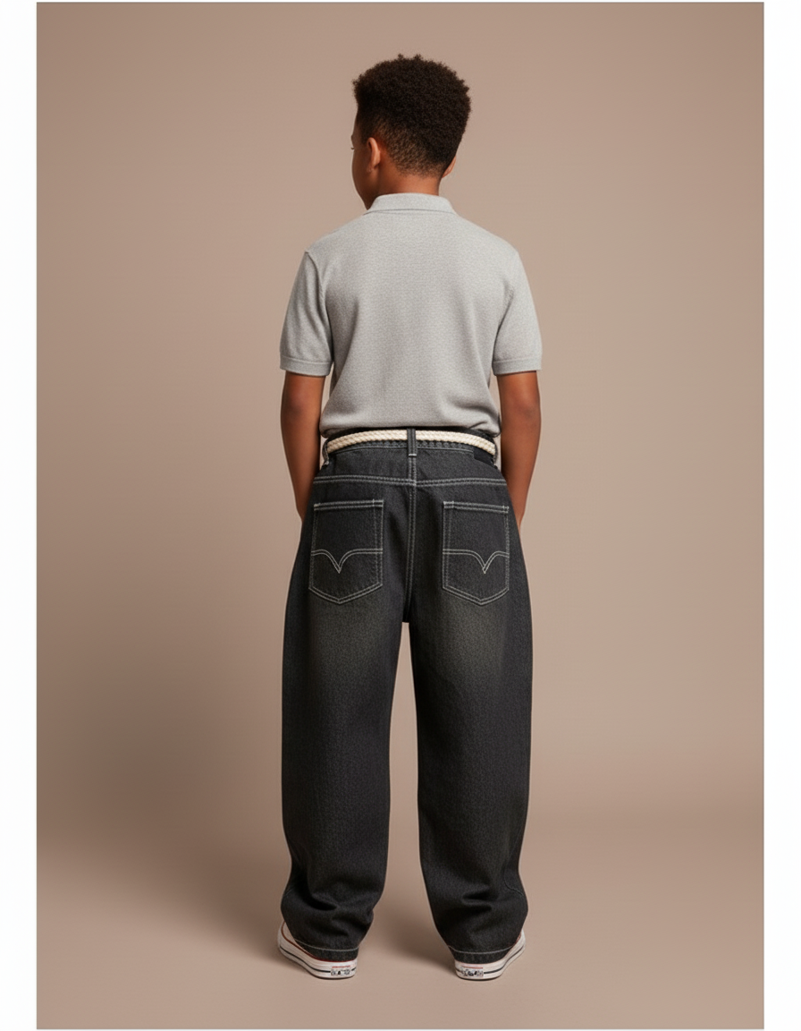 Pantalon Baggy Jean Gris Ample Cordon Tressé - vue 2