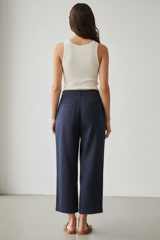 Pantalon Baggy Marine Lin Ample Taille Haute Fluide - vue 2