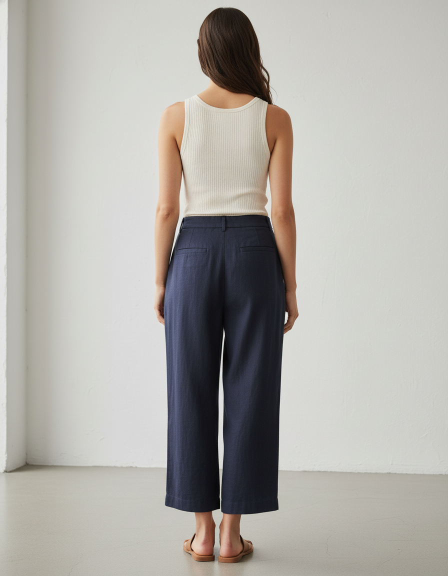 Pantalon Baggy Marine Lin Ample Taille Haute Fluide - vue 2
