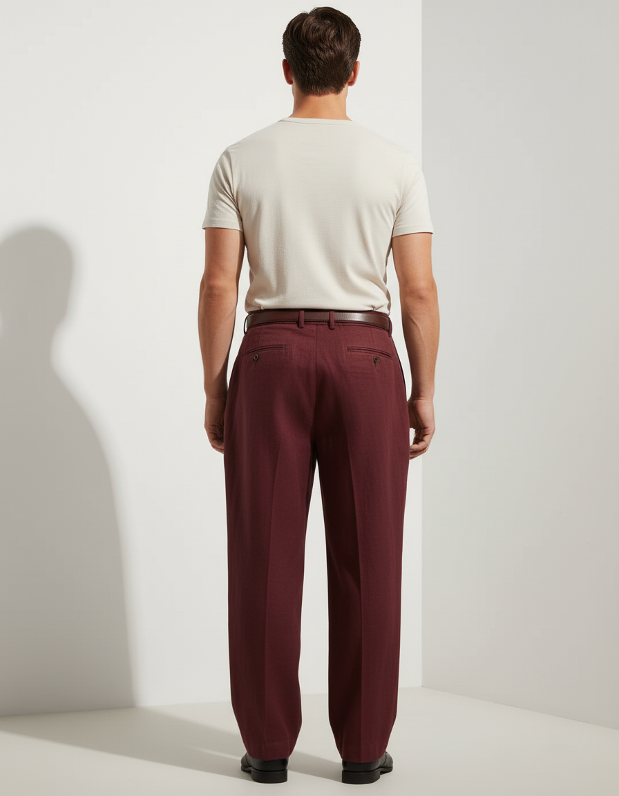 Pantalon Baggy Bordeaux Plissé Ample Élégant Homme - Lin - vue 2