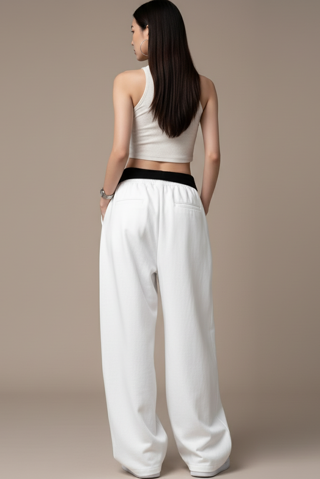 Pantalon Baggy Blanc Imprimé Ample Cordon Streetwear - Molleton - vue 2
