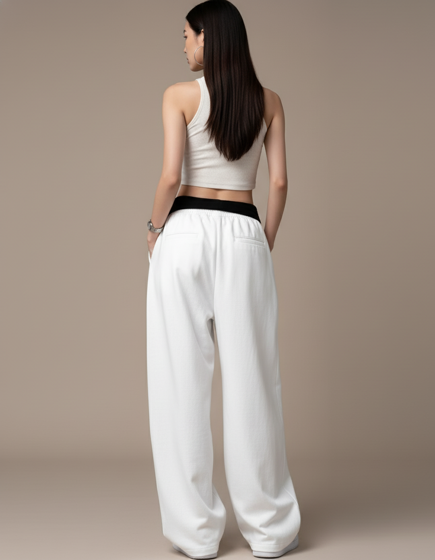 Pantalon Baggy Blanc Imprimé Ample Cordon Streetwear - Molleton - vue 2