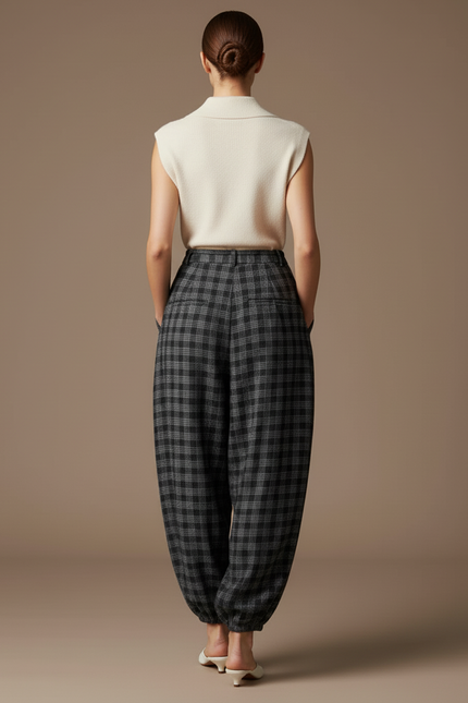 Pantalon Baggy Plaid Gris Ample Fluide Décontracté Femme - Laine - vue 2