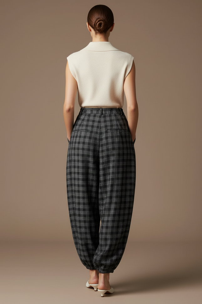Pantalon Baggy Plaid Gris Ample Fluide Décontracté Femme - Laine - vue 2