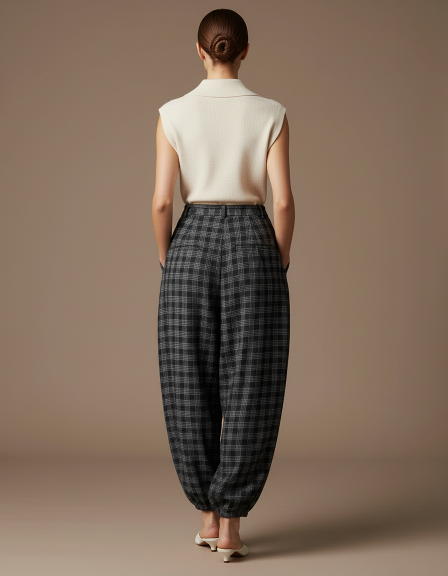 Pantalon Baggy Plaid Gris Ample Fluide Décontracté Femme - Laine - vue 2
