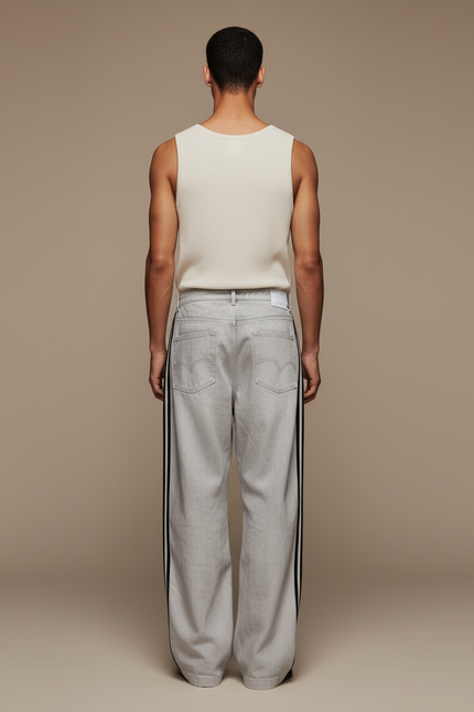 Pantalon Baggy Gris Délavé Rayures Latérales Streetwear - Jean - vue 2