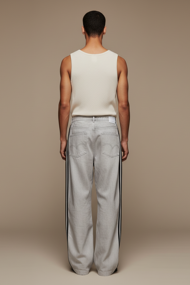 Pantalon Baggy Gris Délavé Rayures Latérales Streetwear - Jean - vue 2