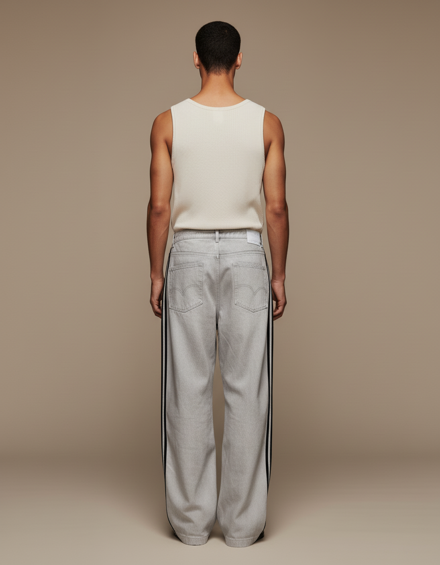 Pantalon Baggy Gris Délavé Rayures Latérales Streetwear - Jean - vue 2