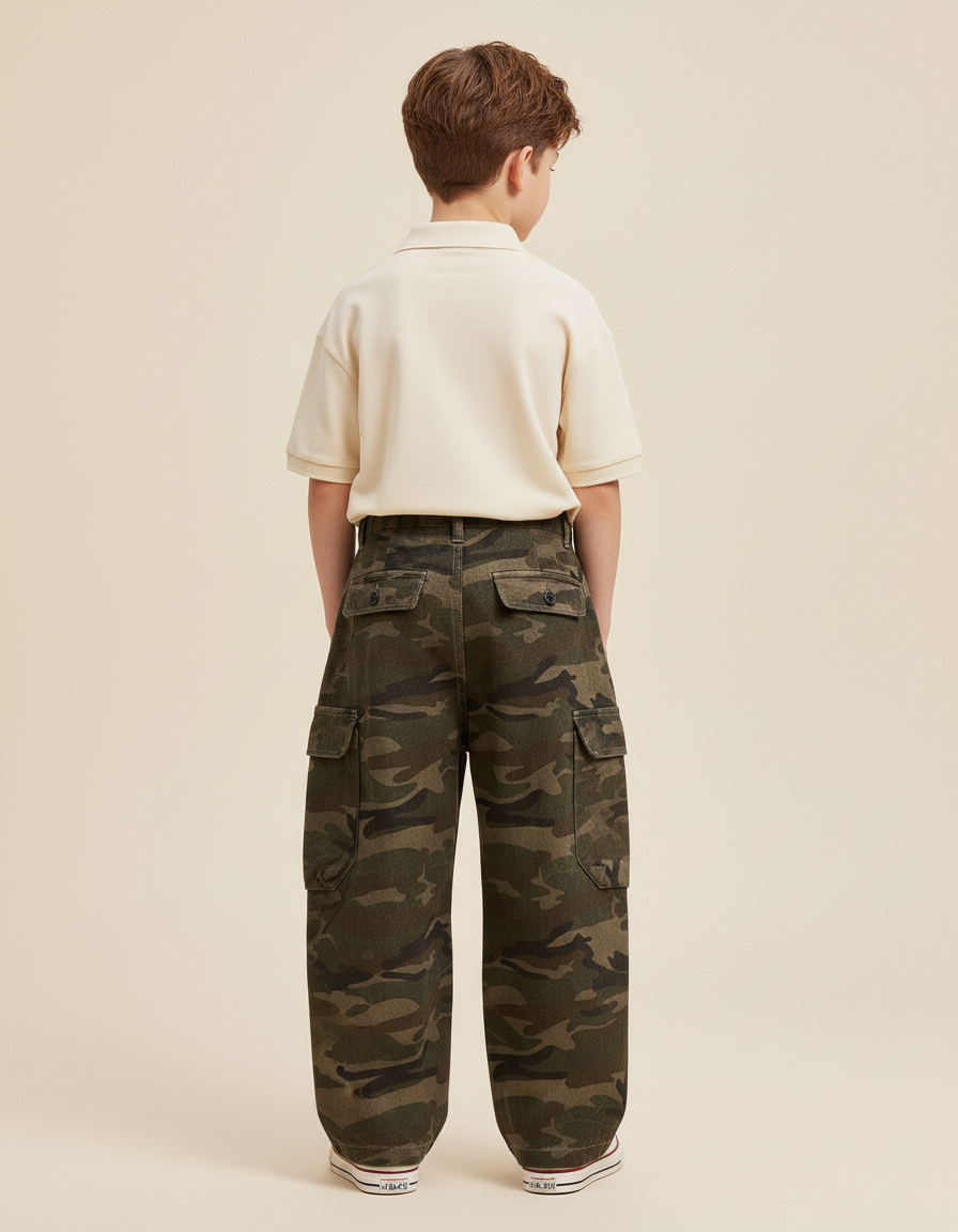 Pantalon Baggy Camouflage Cargo Ample Garçon Décontracté - Kaki Toile - vue 2