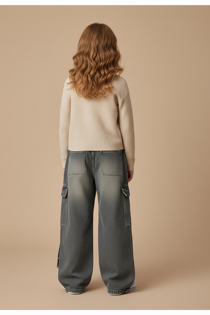 Pantalon Baggy Jean Gris Cargo Ample Fille - vue 2