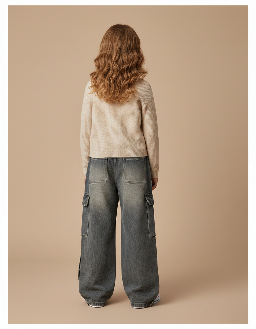 Pantalon Baggy Jean Gris Cargo Ample Fille - vue 2