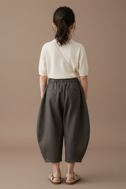 Pantalon Baggy Gris Lin Ample Plissé Confortable Fille - vue 2