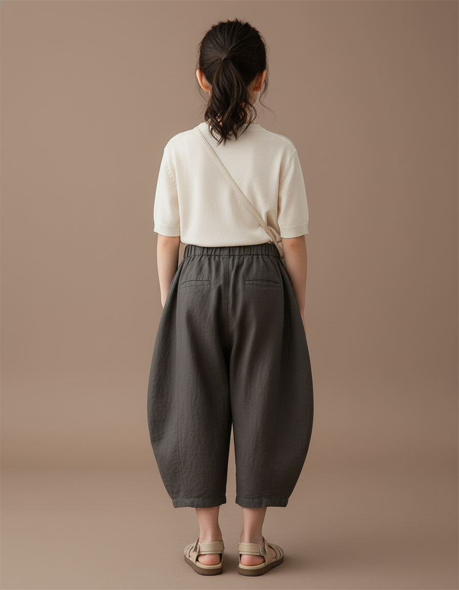 Pantalon Baggy Gris Lin Ample Plissé Confortable Fille - vue 2
