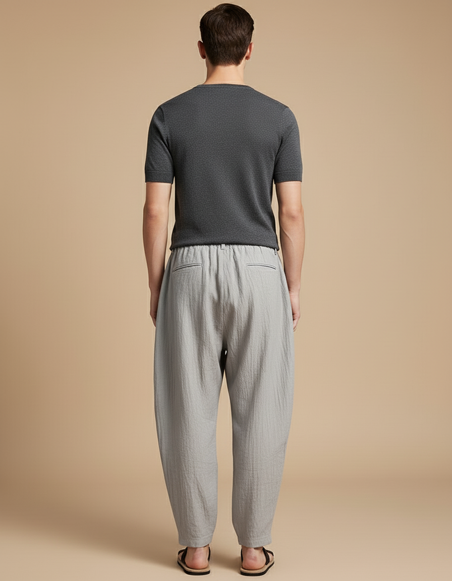 Pantalon Baggy Gris Lin Plissé Ample Homme - vue 2