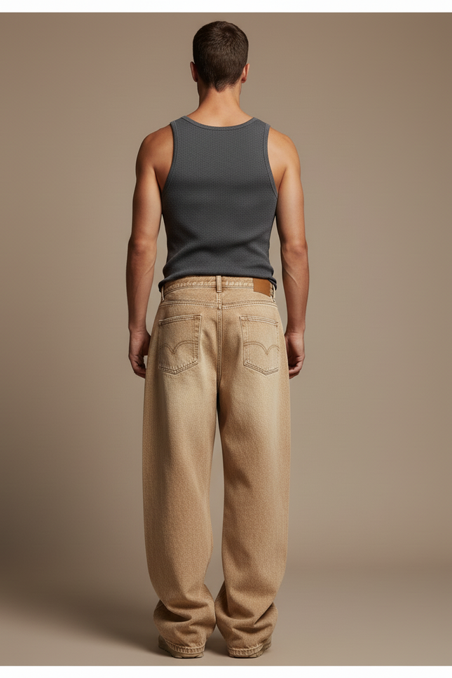 Pantalon Baggy Marron Clair Délavé Ample Denim Homme - Jean - vue 2