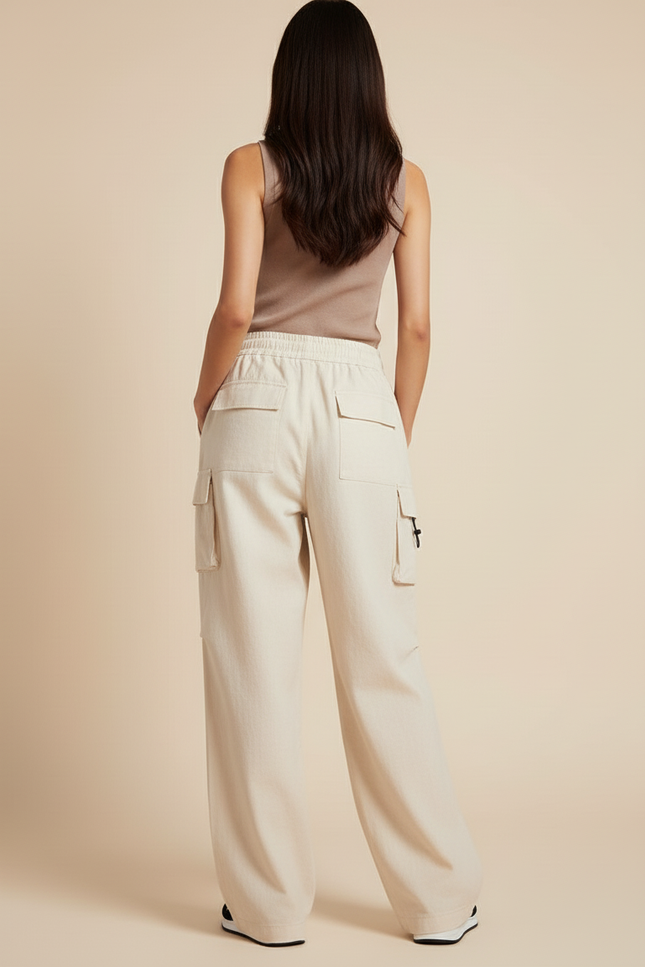 Pantalon Baggy Beige Coton Ample Cargo Cordon - vue 2
