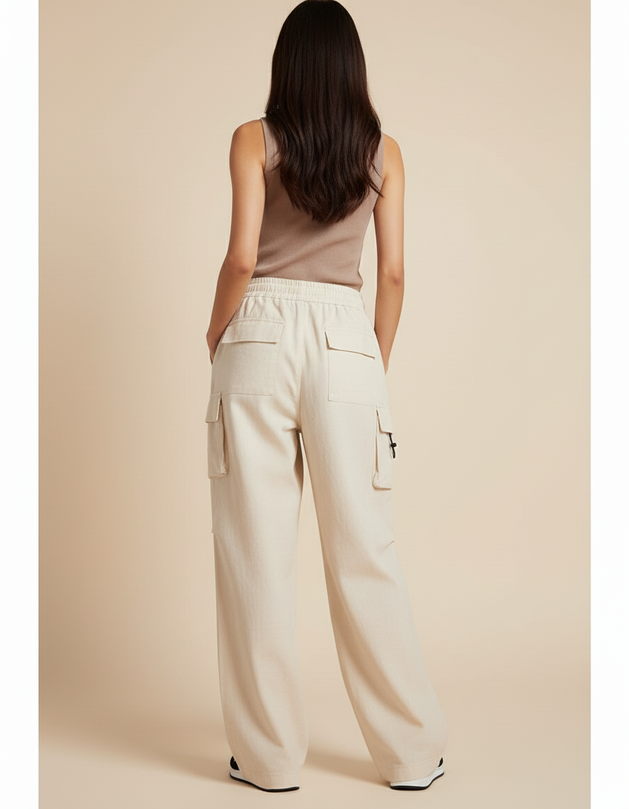 Pantalon Baggy Beige Coton Ample Cargo Cordon - vue 2