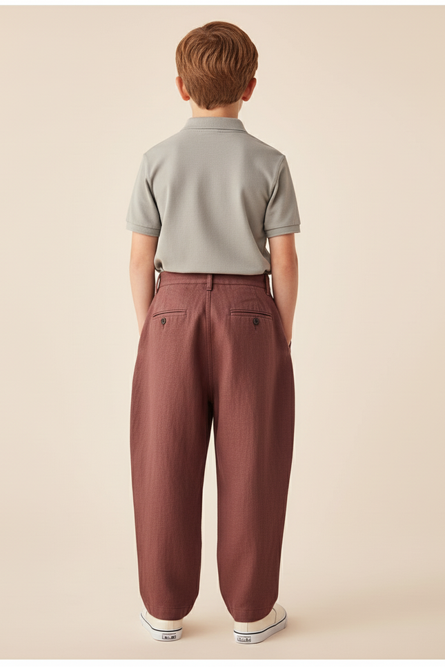 Pantalon Baggy Marron Plissé Ample Décontracté Garçon - Bordeaux Lin - vue 2