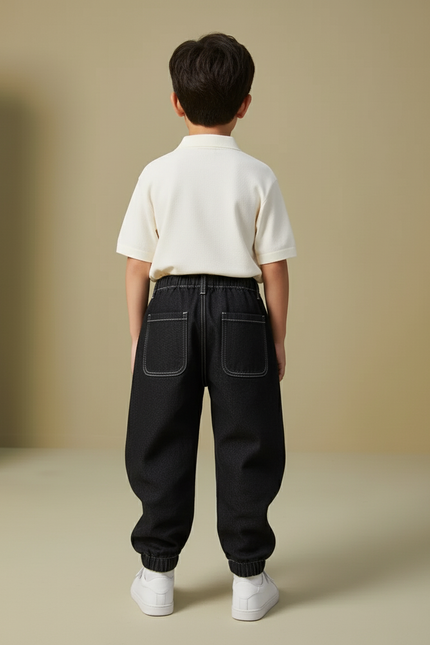 Pantalon Baggy Denim Noir Ample Surpiqûres Contrastées Enfant - Jean - vue 2