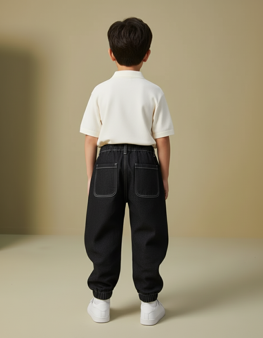 Pantalon Baggy Denim Noir Ample Surpiqûres Contrastées Enfant - Jean - vue 2