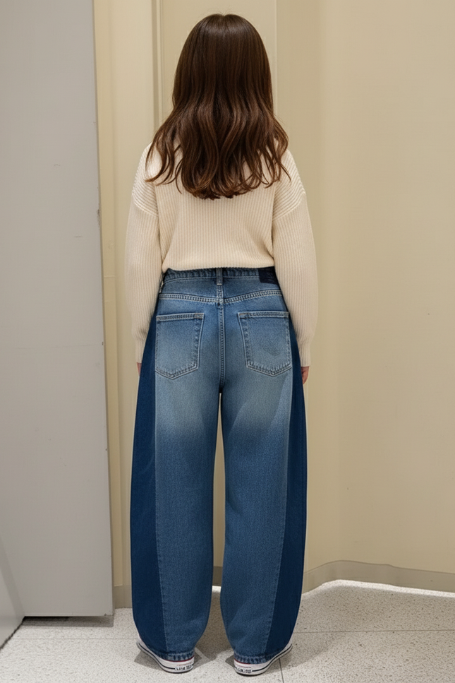 Pantalon Baggy Jean Patchwork Ample Enfant Décontracté - Bleu - vue 2