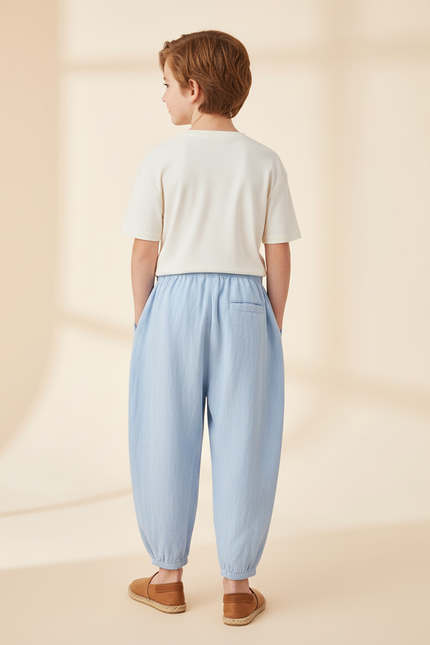 Pantalon Baggy Bleu Ciel Lin Ample Décontracté Enfant - vue 2