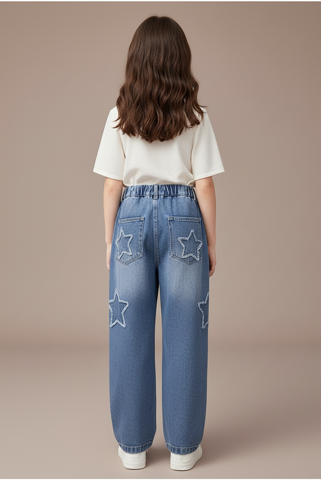 Pantalon Baggy Denim Étoiles Ample Fille Décontracté - Bleu Jean - vue 2