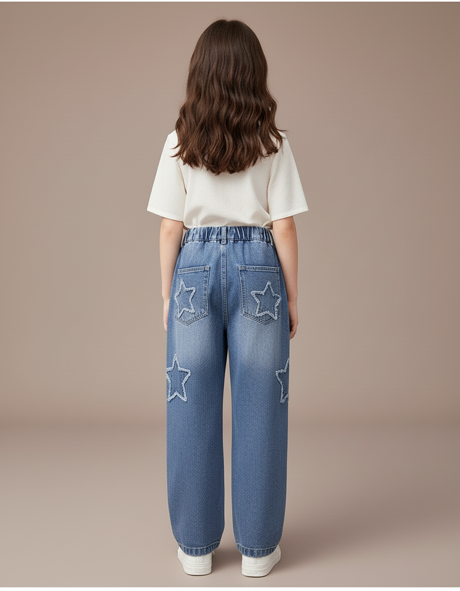 Pantalon Baggy Denim Étoiles Ample Fille Décontracté - Bleu Jean - vue 2