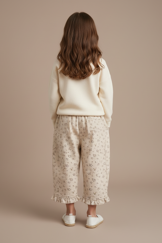 Pantalon Baggy Écru Côtelé Imprimé Floral Volants Fille - Cordé - vue 2