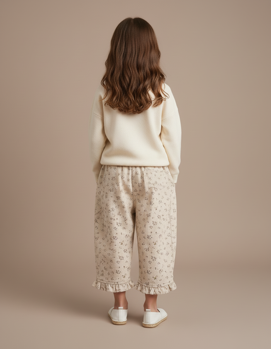 Pantalon Baggy Écru Côtelé Imprimé Floral Volants Fille - Cordé - vue 2