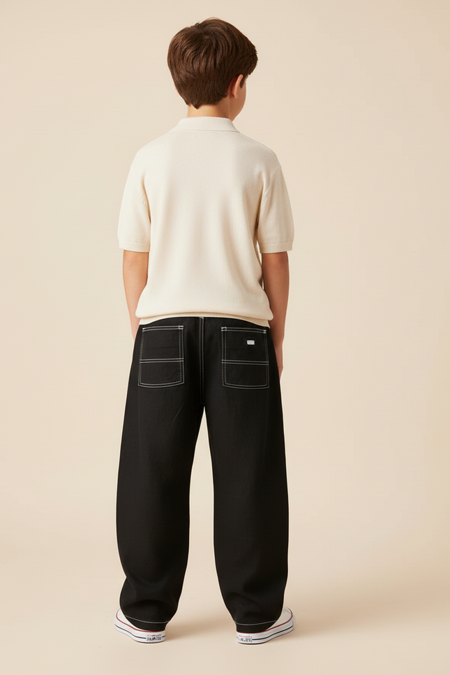 Pantalon Baggy Noir Ample Coton Coutures Blanches - Jean - vue 2