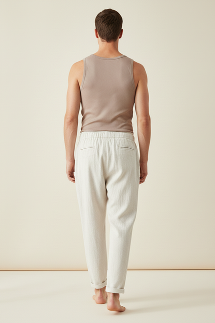 Pantalon Baggy Lin Beige Clair Ample Cordon Décontracté - vue 2