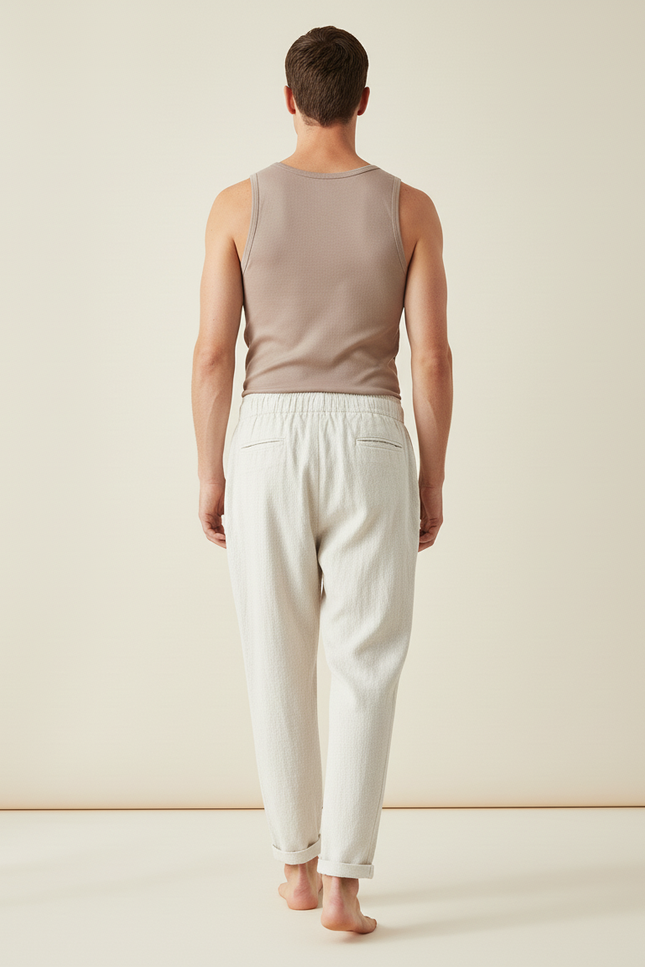 Pantalon Baggy Lin Beige Clair Ample Cordon Décontracté - vue 2