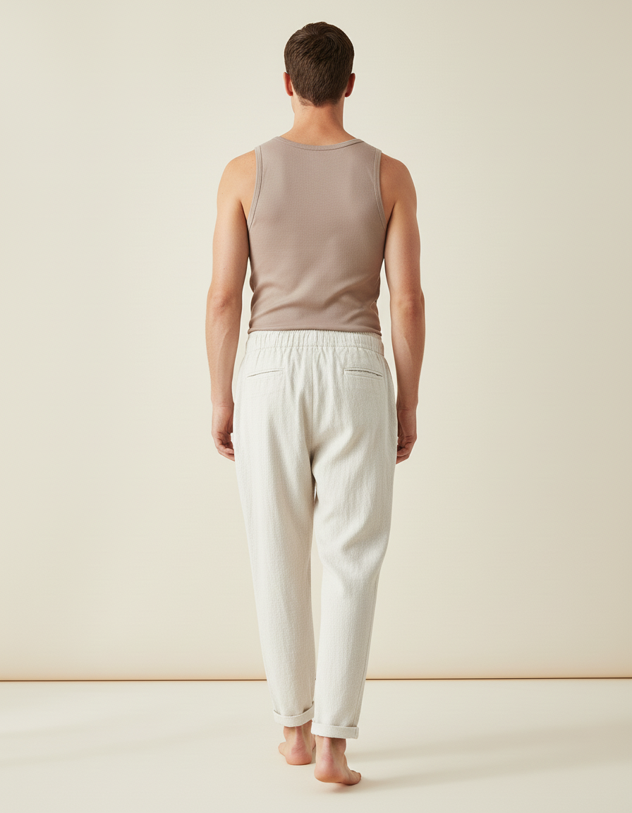 Pantalon Baggy Lin Beige Clair Ample Cordon Décontracté - vue 2