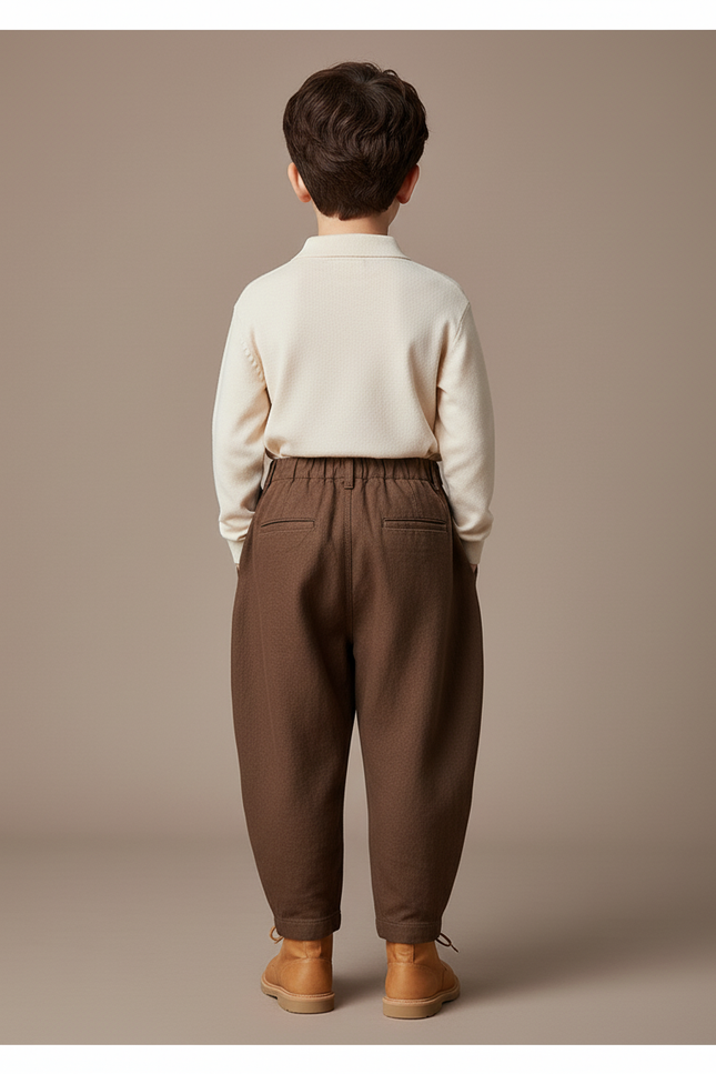 Pantalon Baggy Marron Ample Coton Plissé Garçon - Lin - vue 2